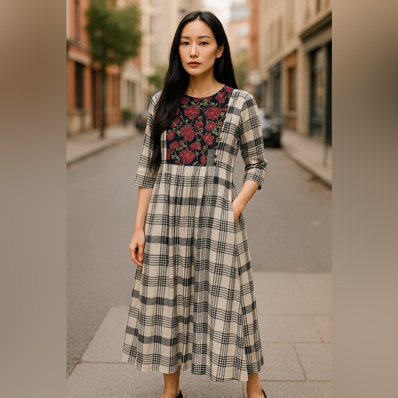 Utsa 100% Cotton Midi Dress Floral Embroidered Plaid Fit & Flare Bohemian XS - Picture 1 of 16